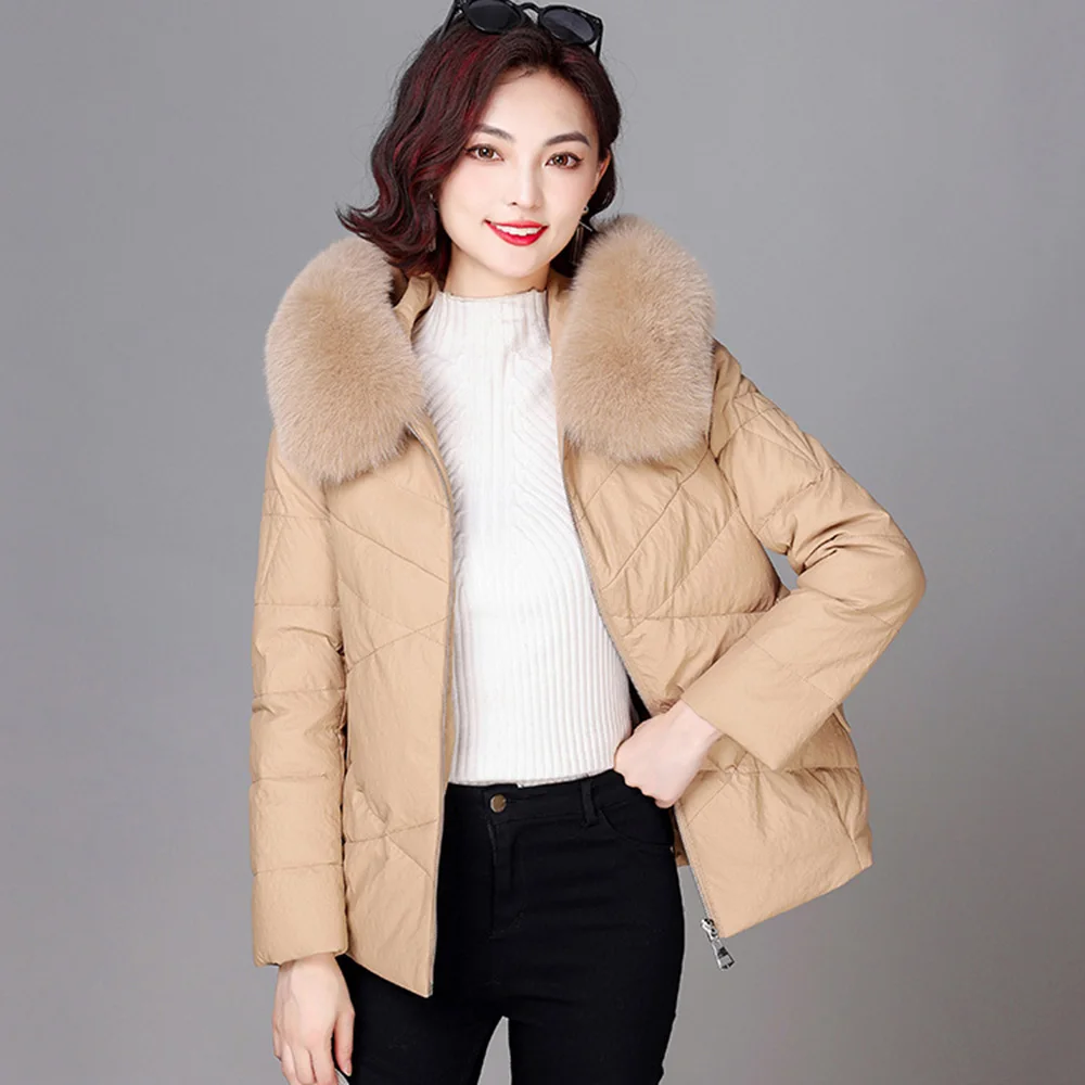 New Women Sheep Leather Down Jacket Winter Fashion Thicken Warm Hooded Real Fox Fur Collar Leather Coat Loose Thick Topscoat autumn faux mink leather jacket mens winter thicken warm fur short leather coat men slim jackets jaqueta de couro fashion hooded