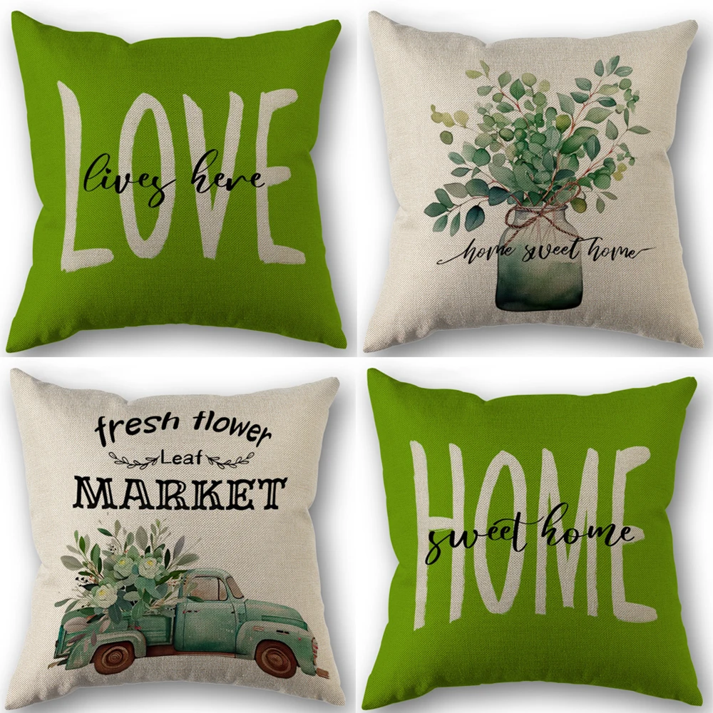 Pillow Case Nordic Style Green Plant Flower Linen Cushion for Home Outdoor