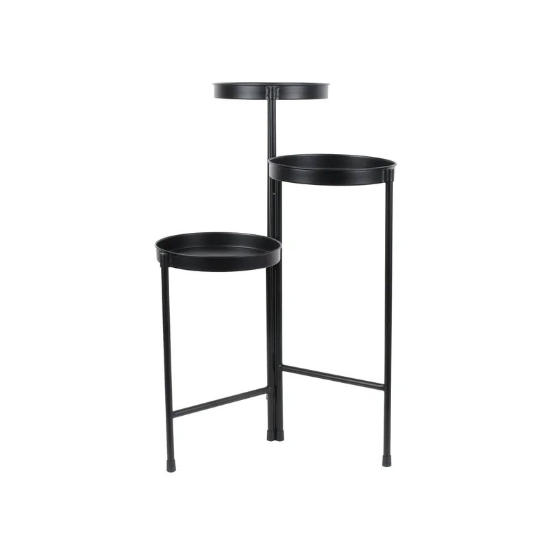 Black Metal 3 Tier Plant Stand Indoor Outdoor Flower Display Storage Rack Collapsible Design Durable Iron Construction Elegant