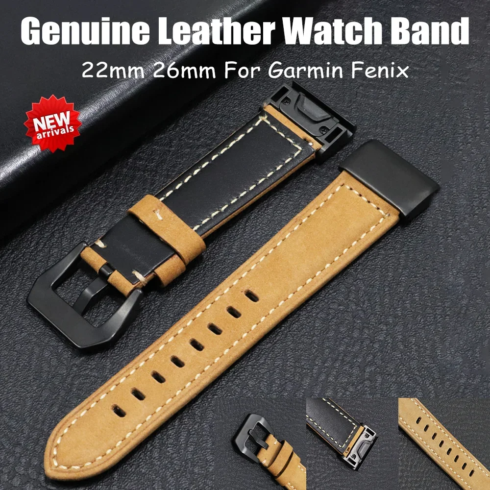 22mm Genuine Leather Watch Band For Garmin Fenix 6x Pro 5x