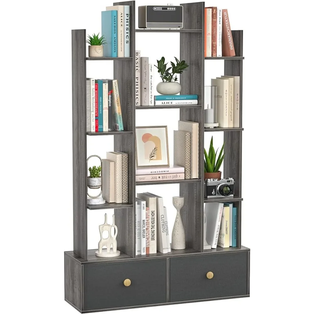 

With 2 Drawers Free Standing Bookcase Living Room Home Office Storage Shelf Organizer With 12 Open Bookshelf Book Furniture