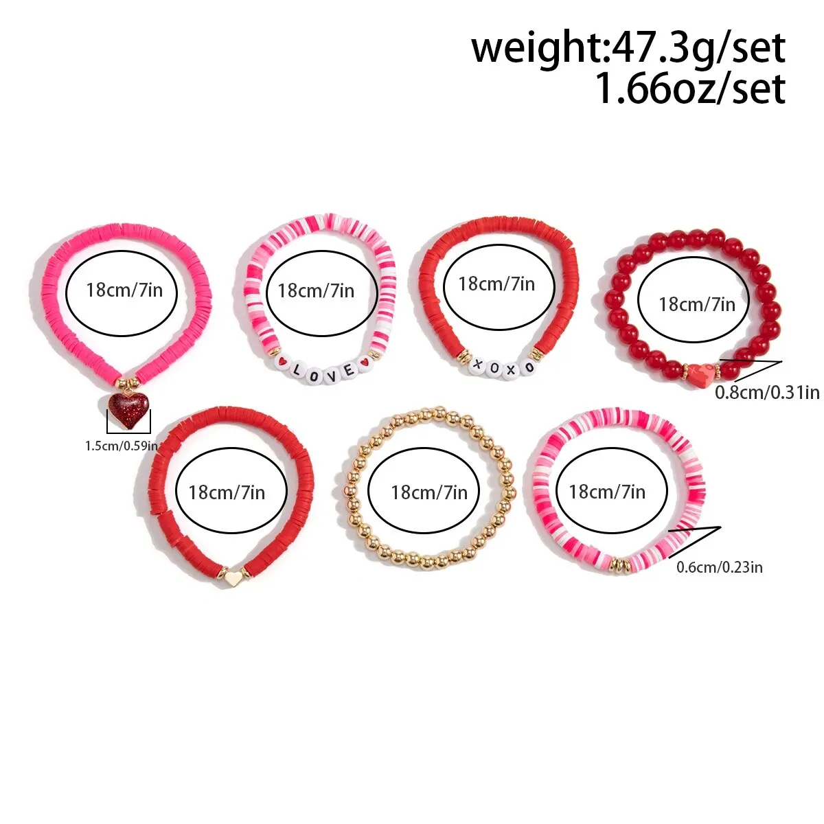 7Pcs/Set Romantic Love Heart Pendant Bracelets for Women Cute Trendy Pink Beaded Couples Bangles Valentine's Day Jewelry Gifts