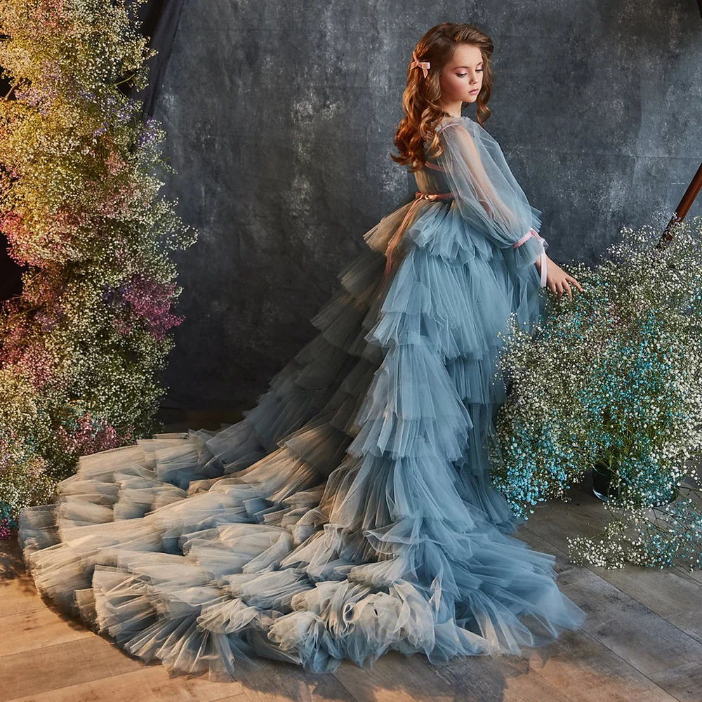 

Новые модные детские Платья с цветочным принтом для девочек со шлейфом