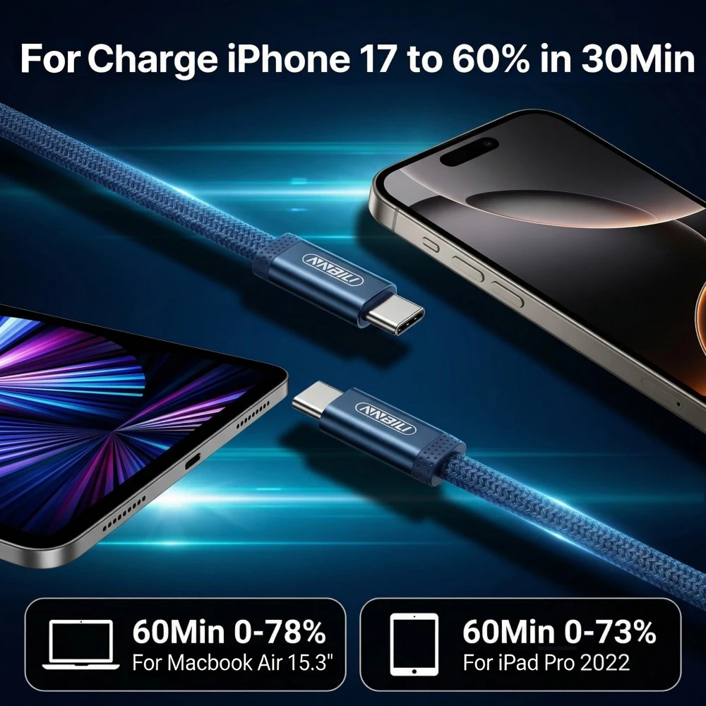 NNBILI PD 60W 플랫 듀얼 타입 C 데이터 케이블 고속 충전 3A USB C to USB C 고속 충전 케이블 아이폰 17 Pro 삼성 S26 맥북용