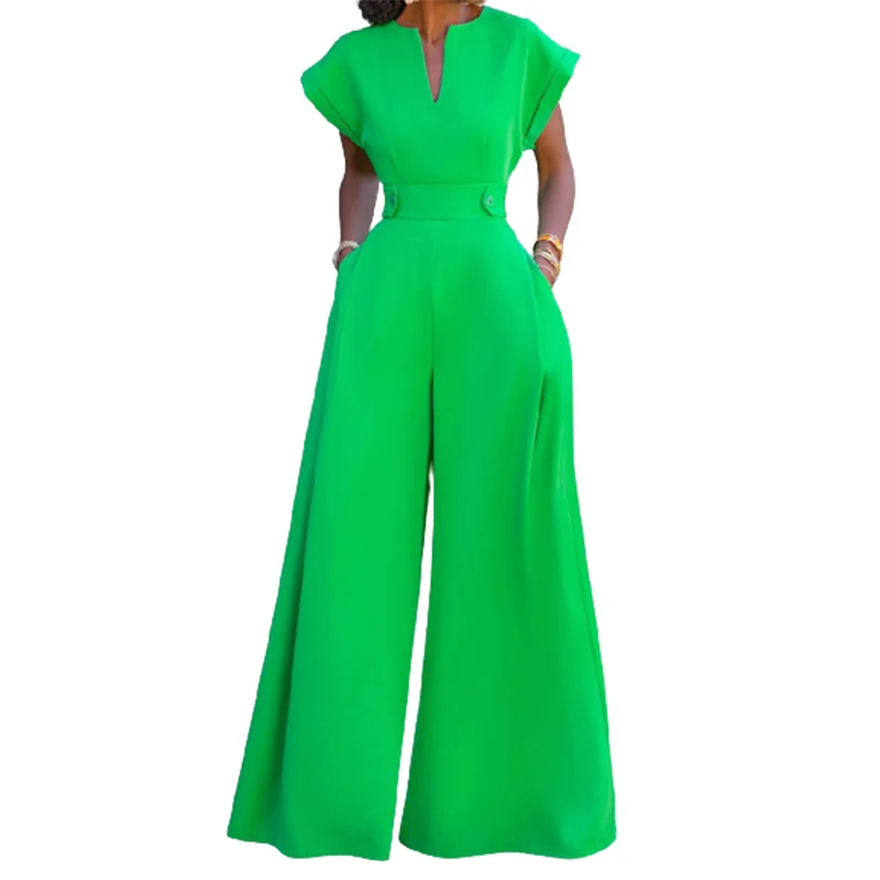 Lemongor Urban Female Stylish Solid Color Wide Leg Party Jumpsuit Spring Summer Cap Sleeve Causal One Piece Outfit For Women
