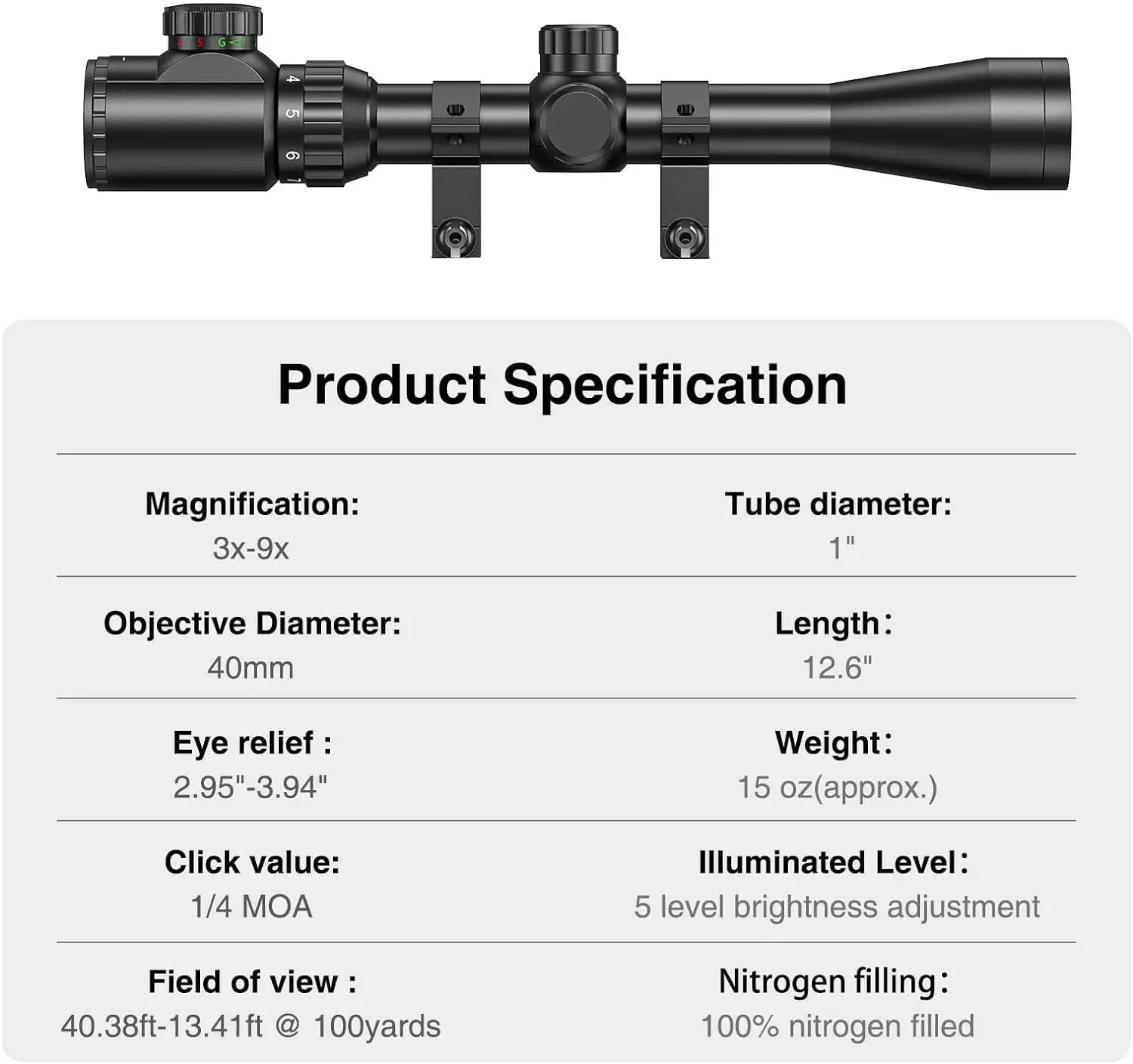 MidTen Rifle Scope 3-9x40 Red & Green Illuminated Optical Mil-dot Reticle For Hunting with Free Mounts 5 level bright