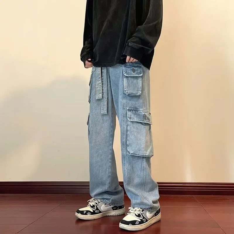 Multi Pocket Washed Jeans Loose Retro Pants Baggy Jeans High Street New America Cargo Pants Y2k Clothes Men Jeans