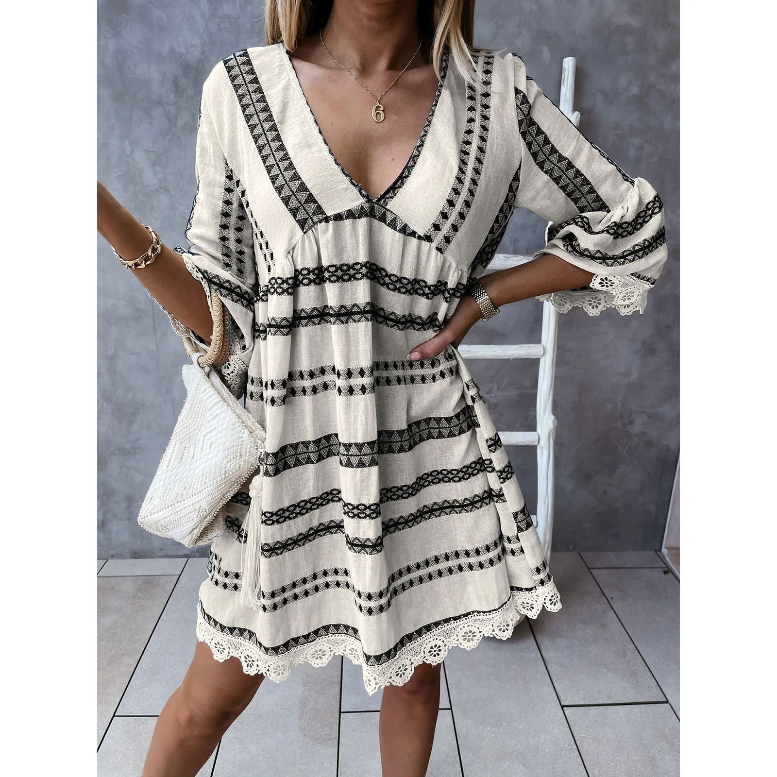 

Women Fashion Boho Sexy Lace Printed High Waist Casual Loose Dress Flared Sleeve Tiered Tunic Dress Ladies Summer Vacation Wear