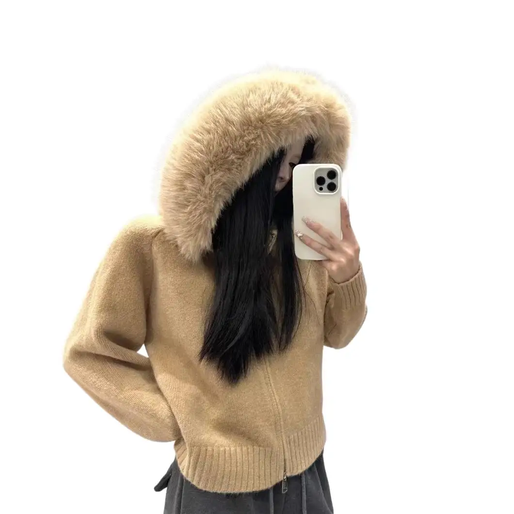 Women Loose Fit Fur Collar Sweater Coat Zip Up Knitwear Cardigan