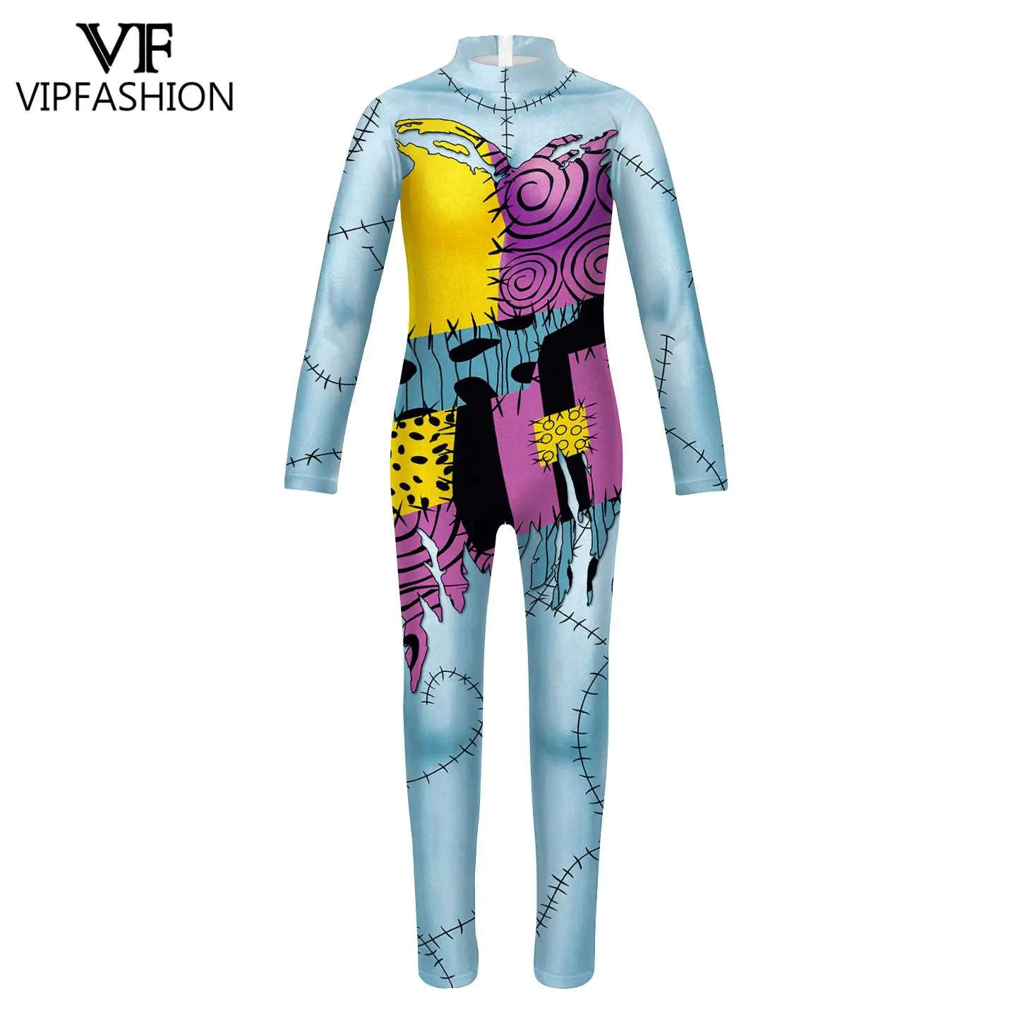 VIP FASHION Kid Sally Halloween Costume Girl Patchwork Print Bodysuit Fancy Disguise Suit Carnival Party Clothes Zentai Catsuit