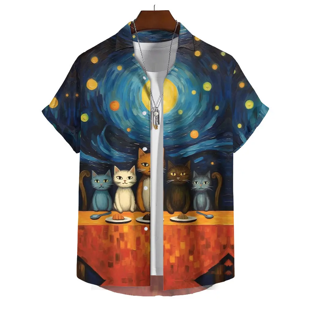 Summer Men's Printed Short Sleeve Shirt Oil Painting Starry Sky Cartoon Cat Print Street Daily Casual Oversized Tops SIZE S-5XL 3