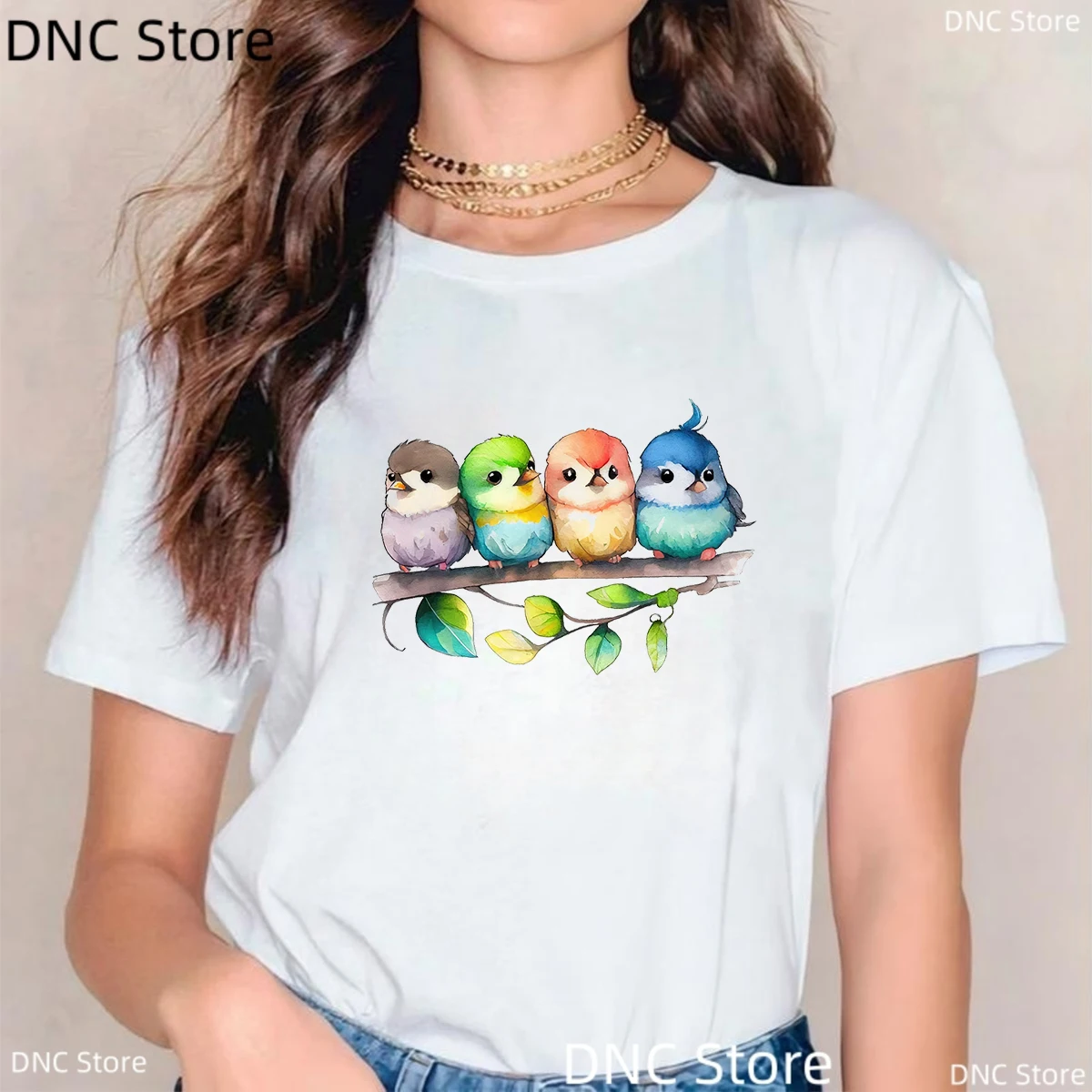 

Watercolor Printed Flower Bird Graphic Print Women'S T-Shirt Harajuku Kawaii Tshirt Summer Fashion Femme Tshirt White Shirt Top