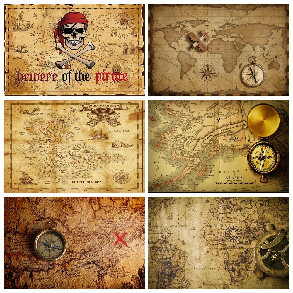 Photo Backdrop Vintage World Map Backdrop Pirate Airplane Compass World Travel Kids Boy Birthday Party Baby Shower Photography Background Prop