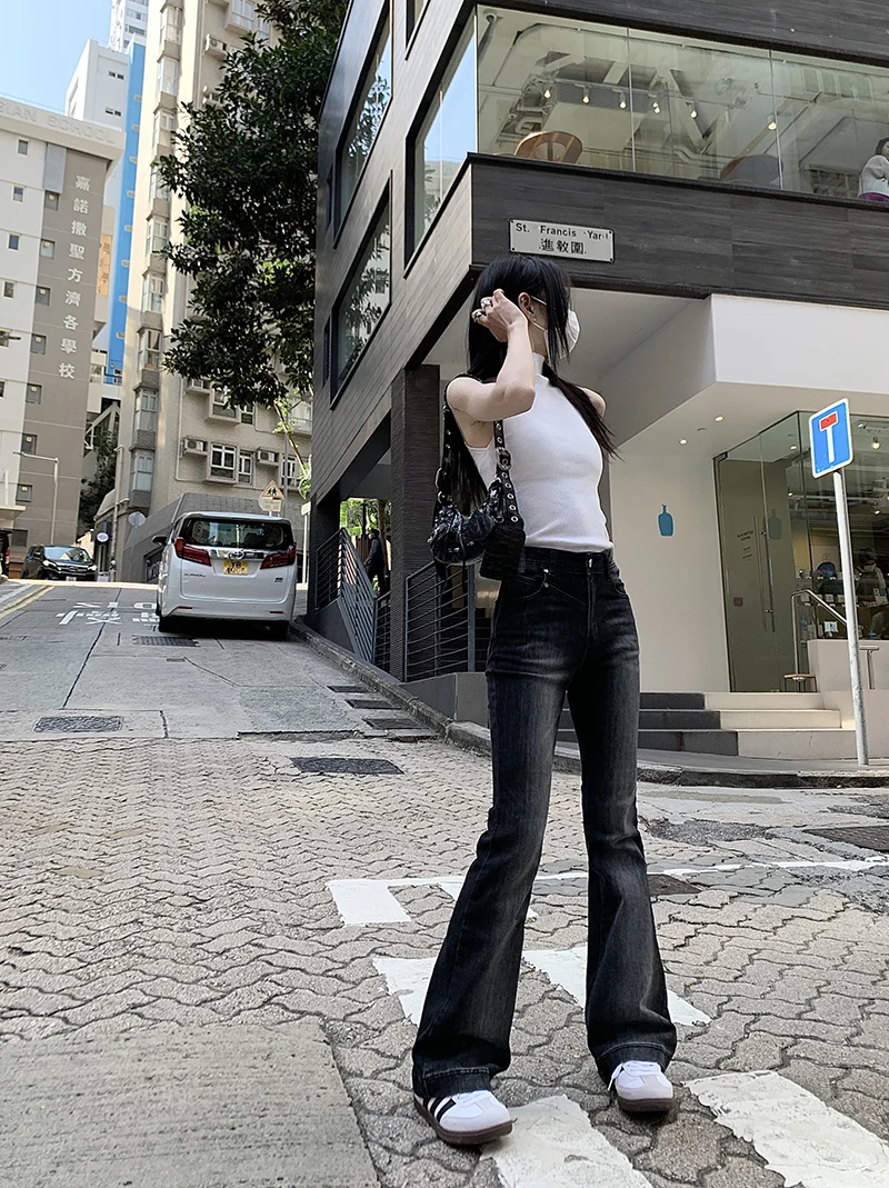 스트레치 그라데이션 컬러 플레어 청바지 여성용, 세련된 스트리트웨어 슬림 부츠 컷 청바지 레이디 스키니 하이 웨이스트 플레어 데님 팬츠