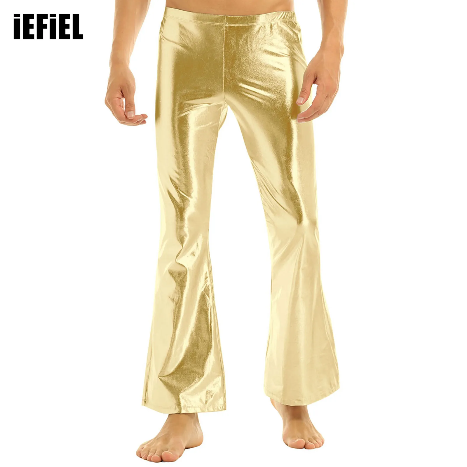 

Adult Mens Shiny Metallic Disco Pants with Bell Bottom Flared Long Pants Dude Costume Trousers