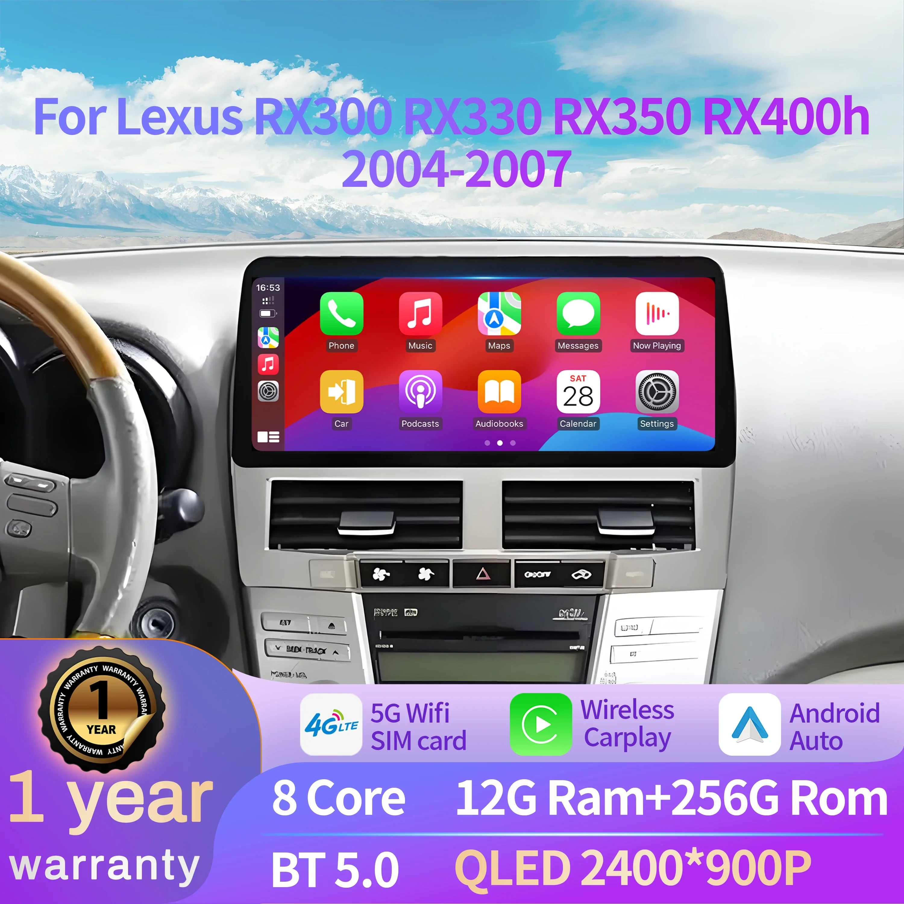 Radio para Auto de 12.3 Pulgadas para Lexus RX300 RX330 RX350 RX400h 2004-2007, Android 15, BT, Carplay, Navegación Multimedia, Pantalla de Unidad Principal 1