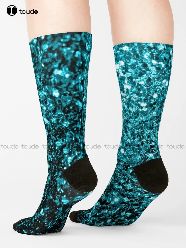 

Beautiful Aqua Blue Faux Glitter Sparkles Socks Novelty Socks For Women Street Skateboard Socks Streetwear 360° Digital Print