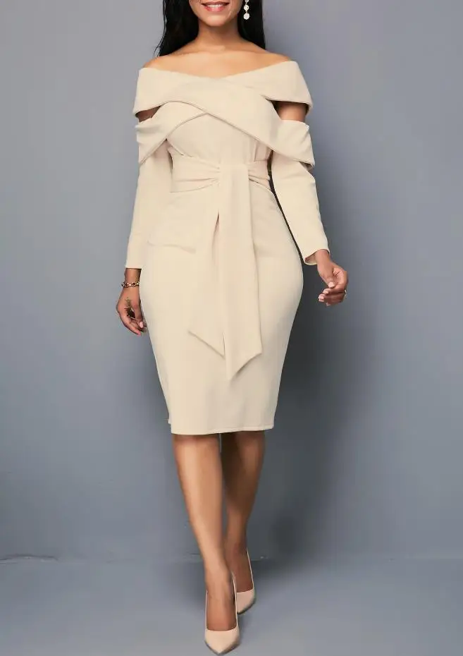 

Женское элегантное платье для поездок, новое однотонное длинное платье средней длины с одним воротником и длинными рукавами в строгом стиле, элегантное вечернее платье с завязкой на талии