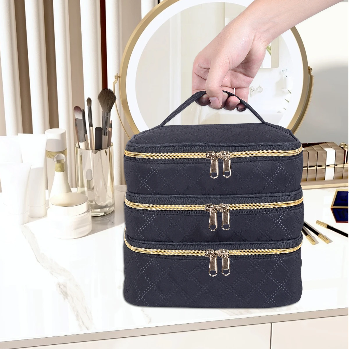 3-Layer Large Capacity Quilted Makeup Bag Organizer with Handles - Suitable for Travel and Home Organizer 3