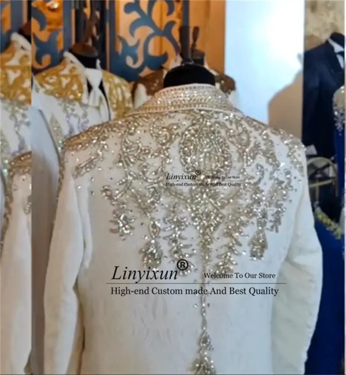 Stunning Crystal Diamond Men Suits 3 Pieces Sets Wedding Groom Tuxedo Glitter Lapel Male Prom Blazers Customized Costume Homme 4
