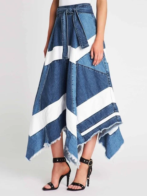 Patchwork Women's Denim Skirt Y2K Loose Irregular Straps High Waist Plus Size Ladies Over The Knee Skirt 2023 New Long Skirt 1