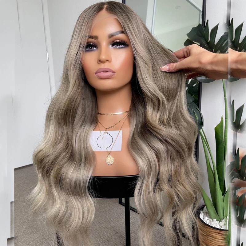 Synthetic Wig Lady Ash Grey Highlight Blonde Lace Front Balayage Body Wave PrePlucked Hairline Heat Resistant