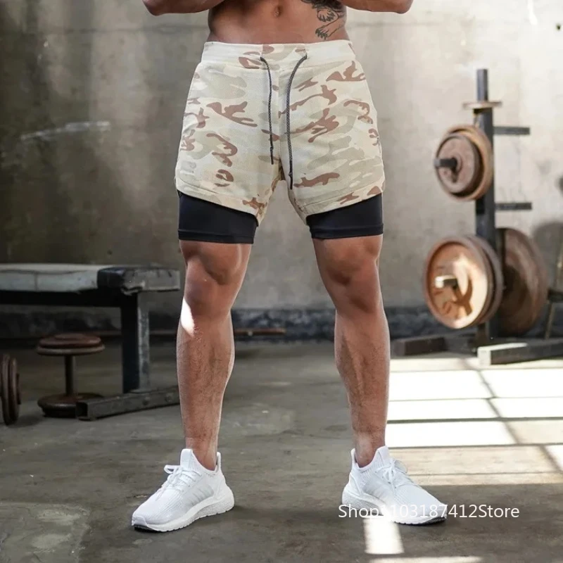 Men Anime Double Layer Shorts Gym Workout Printed Sports Multi-Performance Training Quick-Drying Jogging Pants Towel Pants M-3XL 5