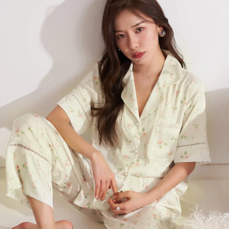 

CRLAYDK 2023 Summer New Women Pajamas Short Sleeve Top with Long Pants Lace Floral Satin Silk Sleepwear Button Down Loungewear