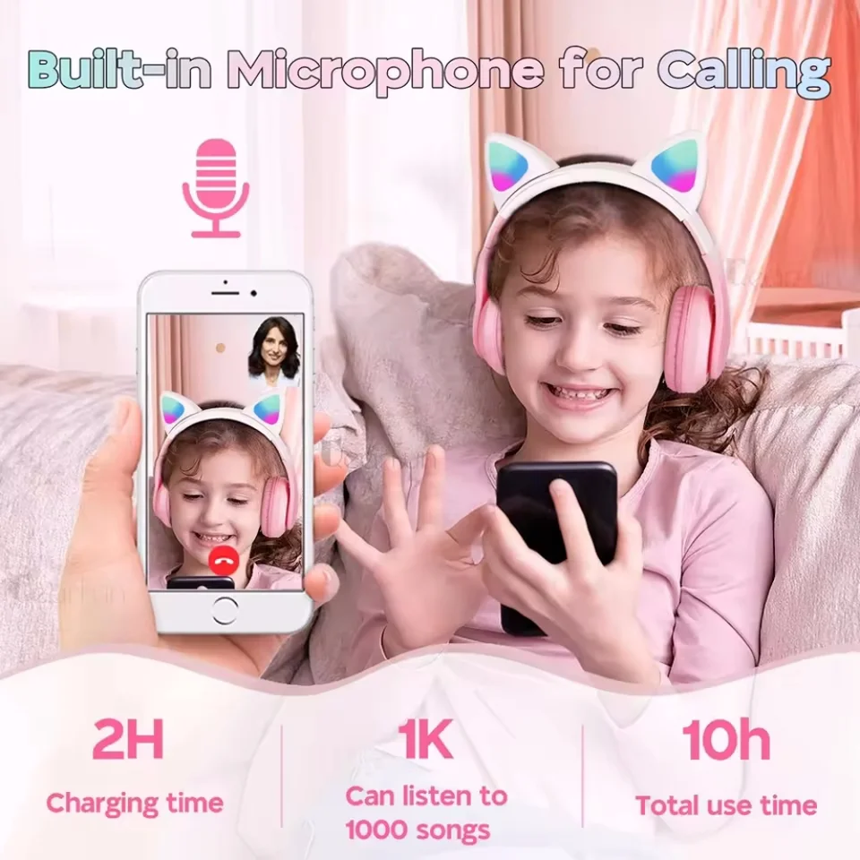 Flash Lamp Cue Ca Ears Headphone Blueooh5.0 Sereo Wih Mic Suppor TF Card Wireless Kids Girl Earphone Birhday_voghion.com