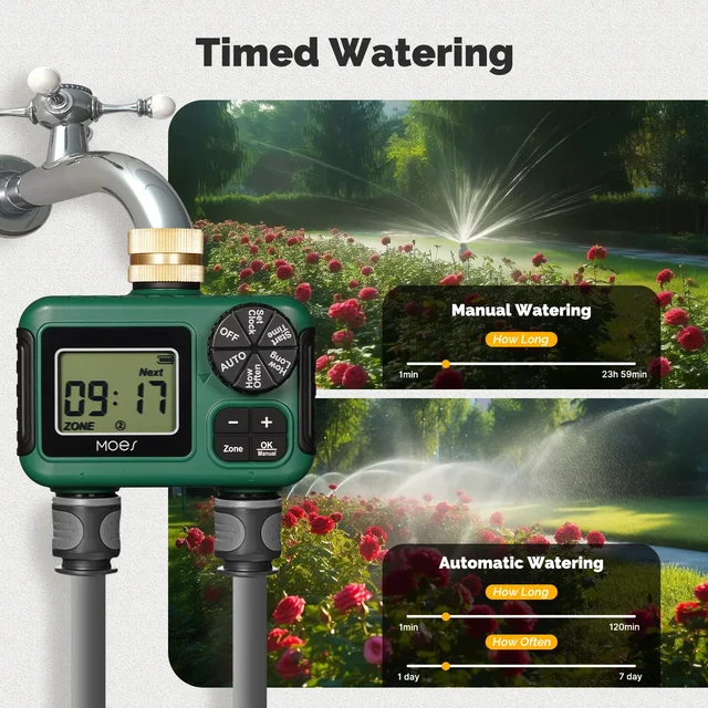 MOES Brass Water Timer 2-Outlet IPX5 Waterproof LCD Display Smart Irrigation Control Rain Delay Child Lock Outdoor Use 2