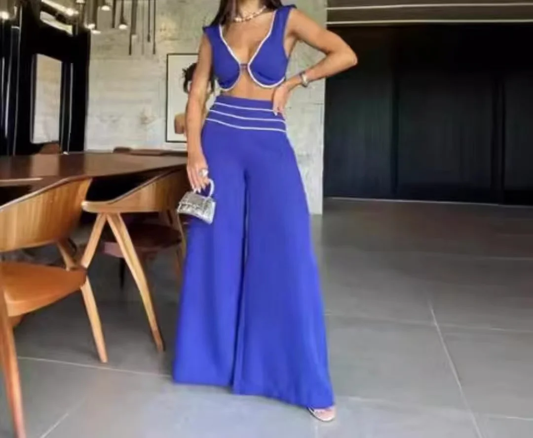 2024 New Two-piece Women's Summer Fashion Commuter Striped Casual Sleeveless Cutout Crop Top High Waist Wide Leg Trouser Set