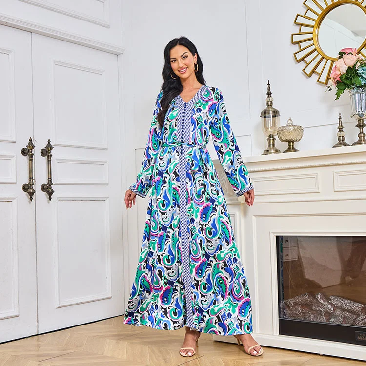 

Long Dress for Prom Arab Muslims New Dress Fashion Color Block Print Robe abaya Dubai Middle East Abaya Robe with Belt V-neck