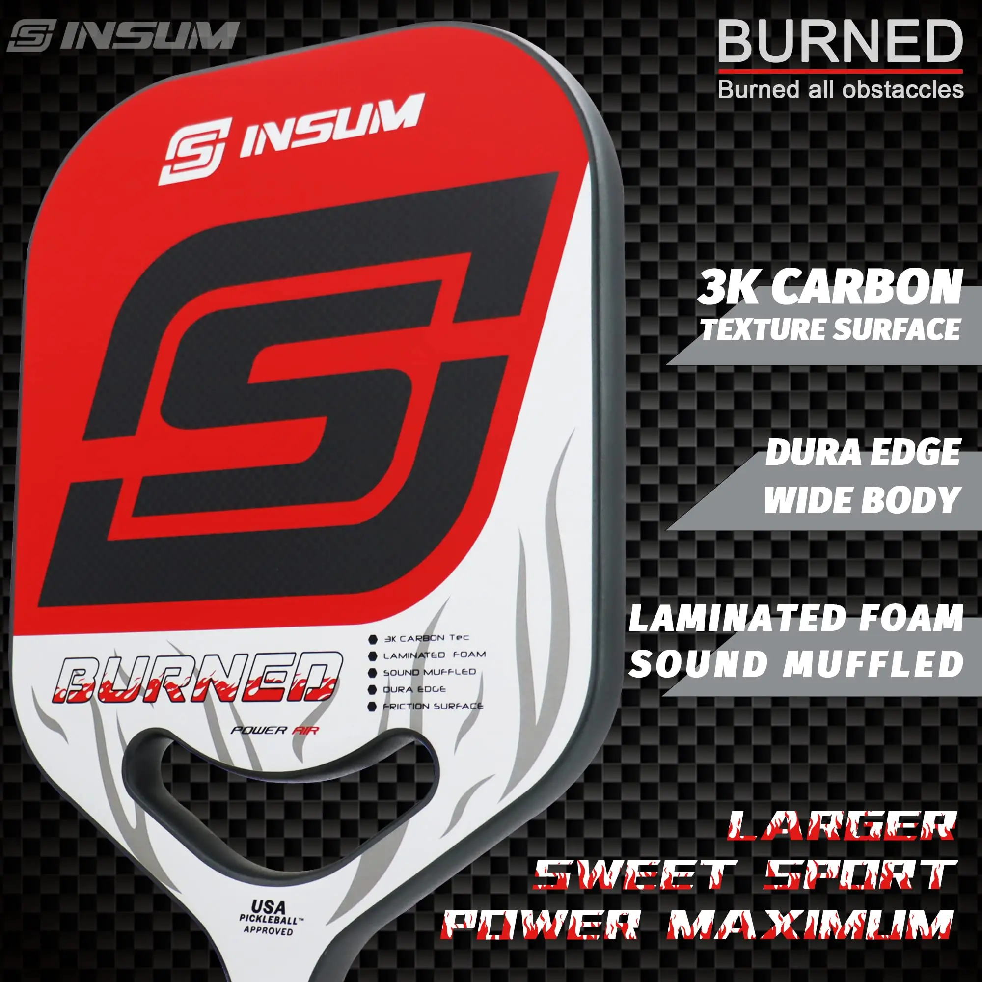 INSUM Raging Pickleball Paddle Carbon Fiber Surface Edgeless Design Widebody Shape for Control Power & Larger Sweet Spot 19.6mm