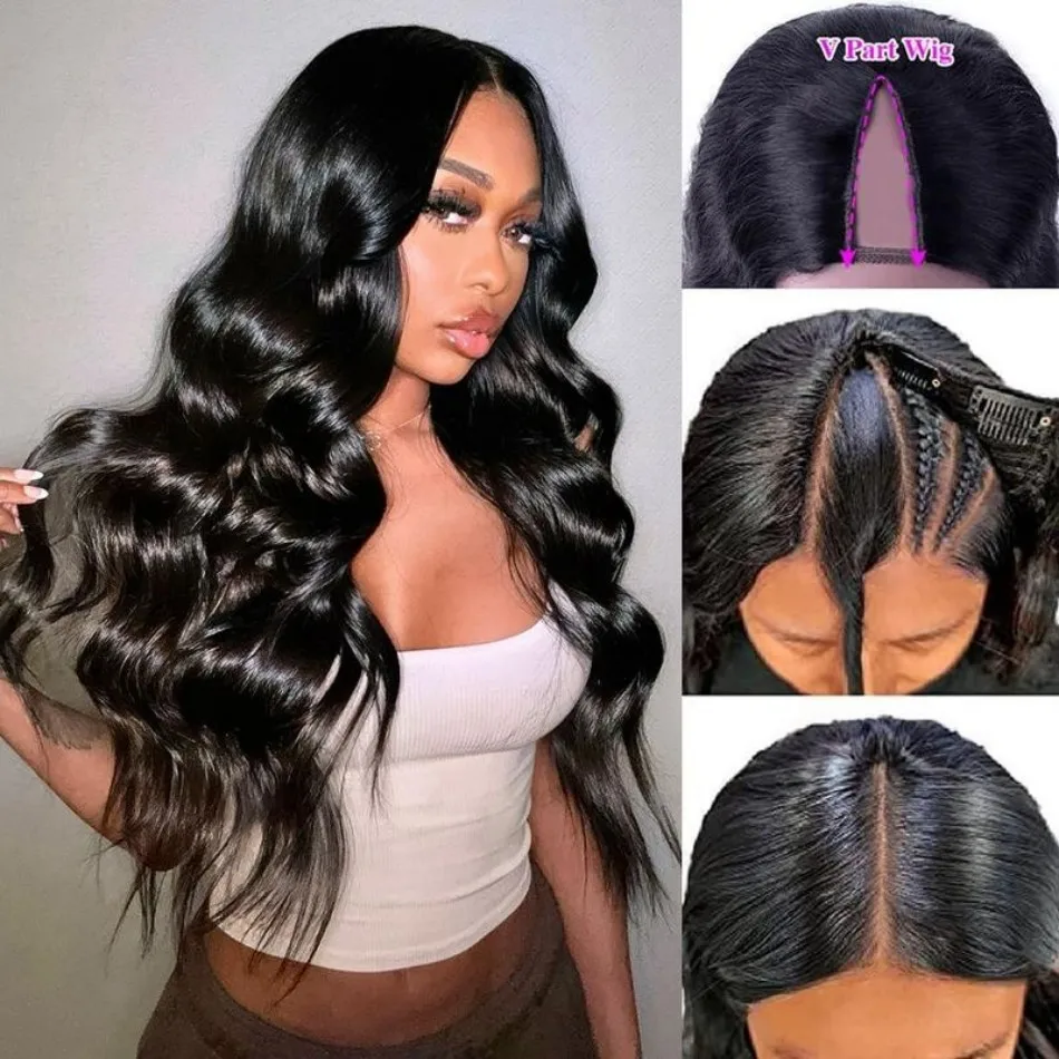 V Part Wig Body Wave Human Hair Wig100% Wear And Go Brazilian Natural Color 230 Density Machine Made V Shape Wig For Black Women