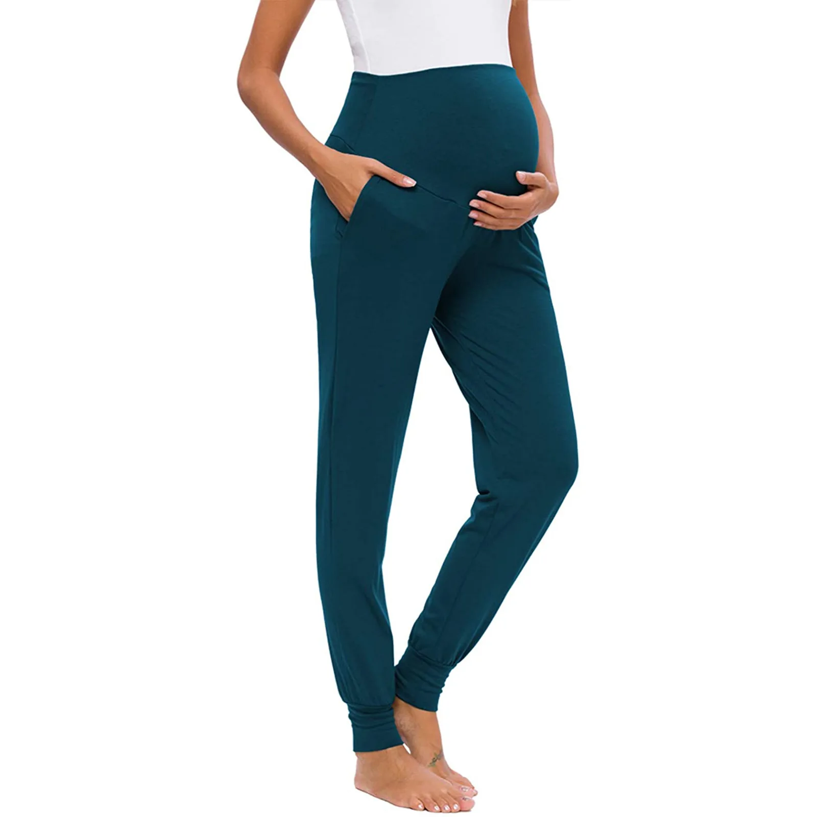 Spring Maternity Women's Casual Pants Premama Solid High Waist Strechy Lounge Trousers For Pregnant Women Joggers With Pockets 3