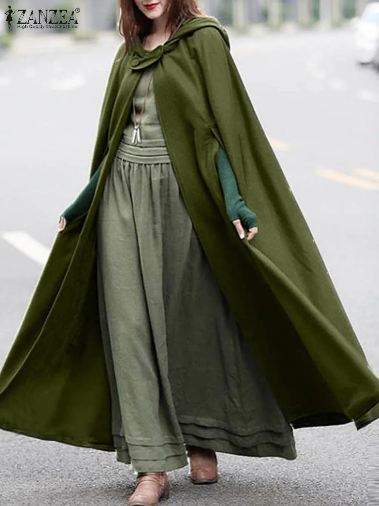 Fashion Long Cape Cloak ZANZEA Women Hooded Wool Blend Cloak Coat