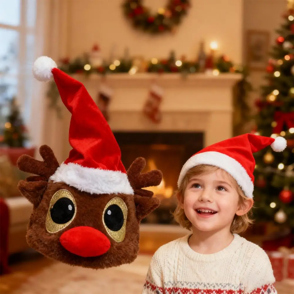 40*20cm Santa Hat Soft Plush Christmas Hat With Light Sound Show Elastic Band Christmas Hat Costume Accessory Holiday Party Gift