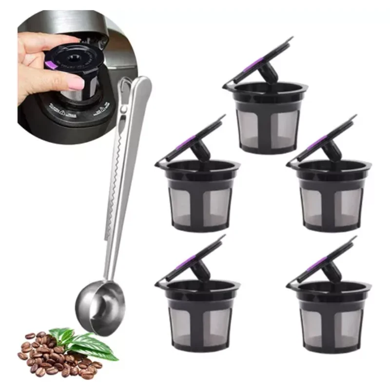 5 Reusable Coffee Cups & Capsules + Steel Funnel & Accessories Set