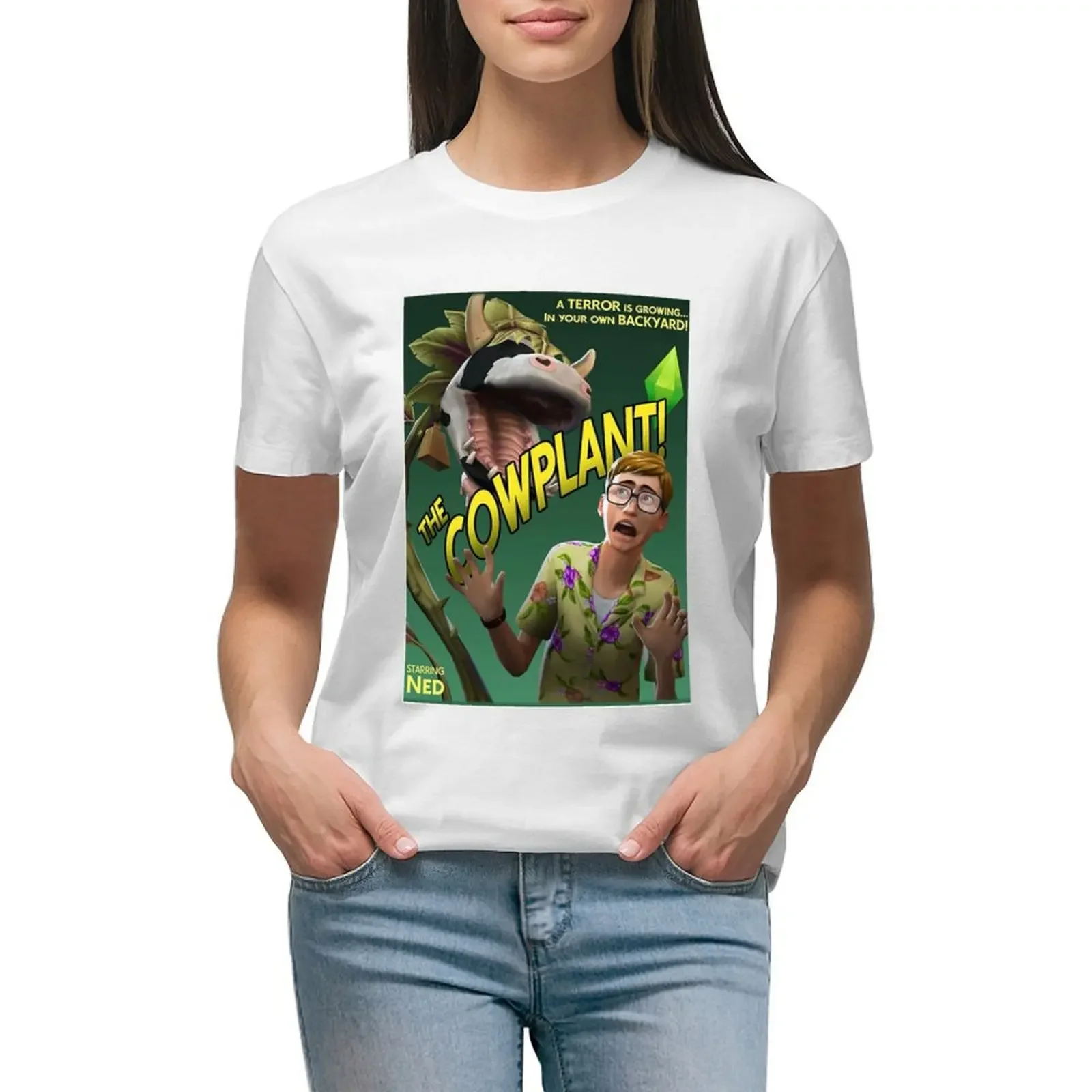 

The Cowplant! Sims 4 T-shirt kawaii clothes funny korean fashion white t-shirt dress for Women sexy