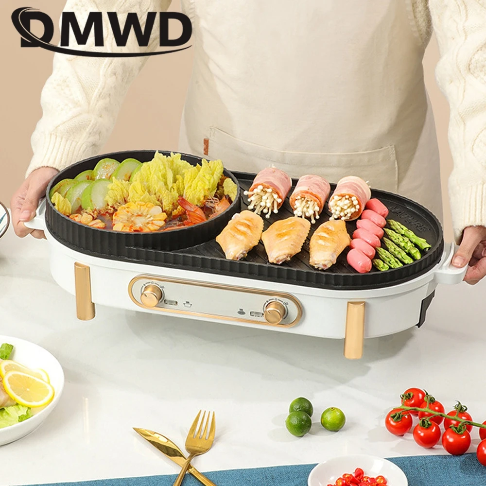 DMWD Household Electric Grill Double-flavor Hotpot Stew Pot Baking Machine Dual use Barbecue Maker BBQ Tool Smokeless 220V