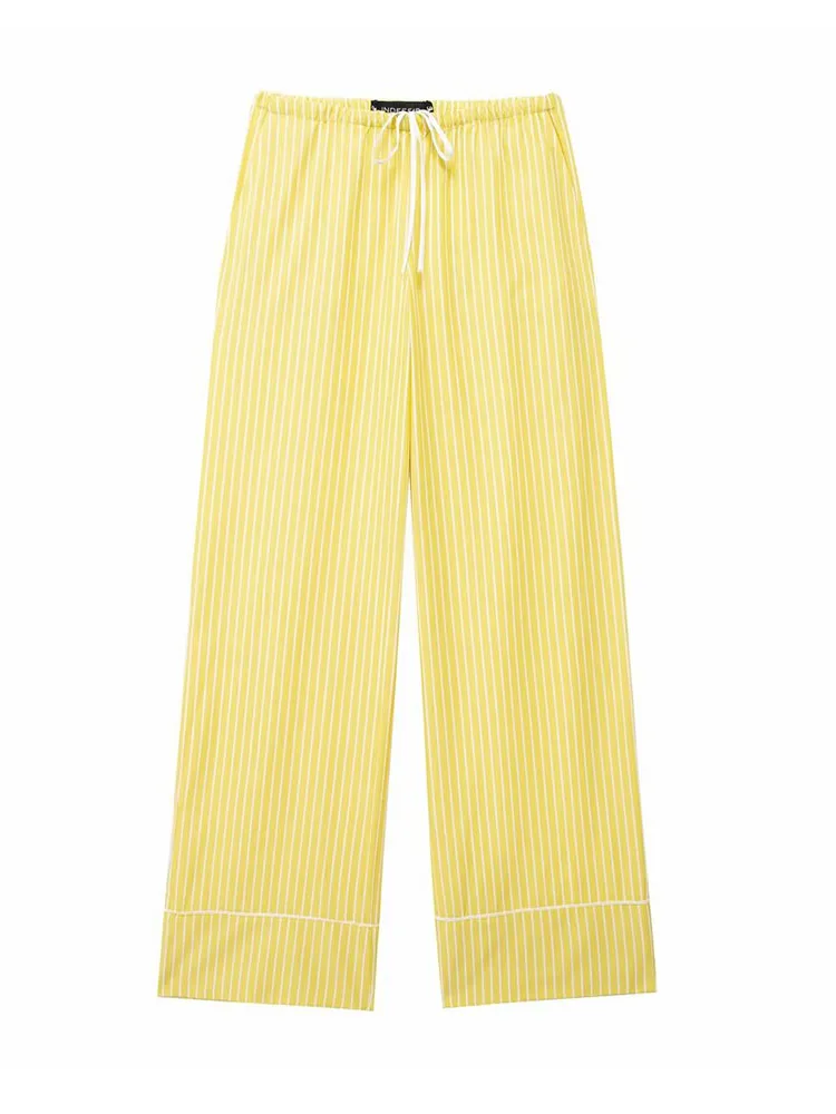 TRAF Two Pieces Striped Blouse Pants Sets For Women Fashion Single Breasted Oversized Shirt Tops+Drawstring Wide Leg Pant Suit