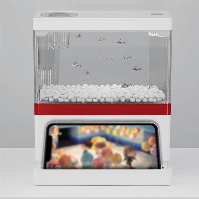 Desktop Aquarium with Filter System / Led Light Tabletop Ecological Goldfish Tank with Charging and Carrying Mobile Phone Holder 5