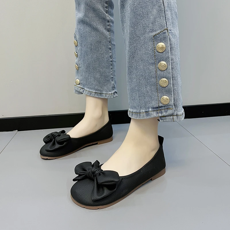 

New Women Bow Slip-on Leather Loafers Ladies Casual Round Toe Flats Nurse Shoes Sneakers Spring Autumn Fashion Ballet Shoes