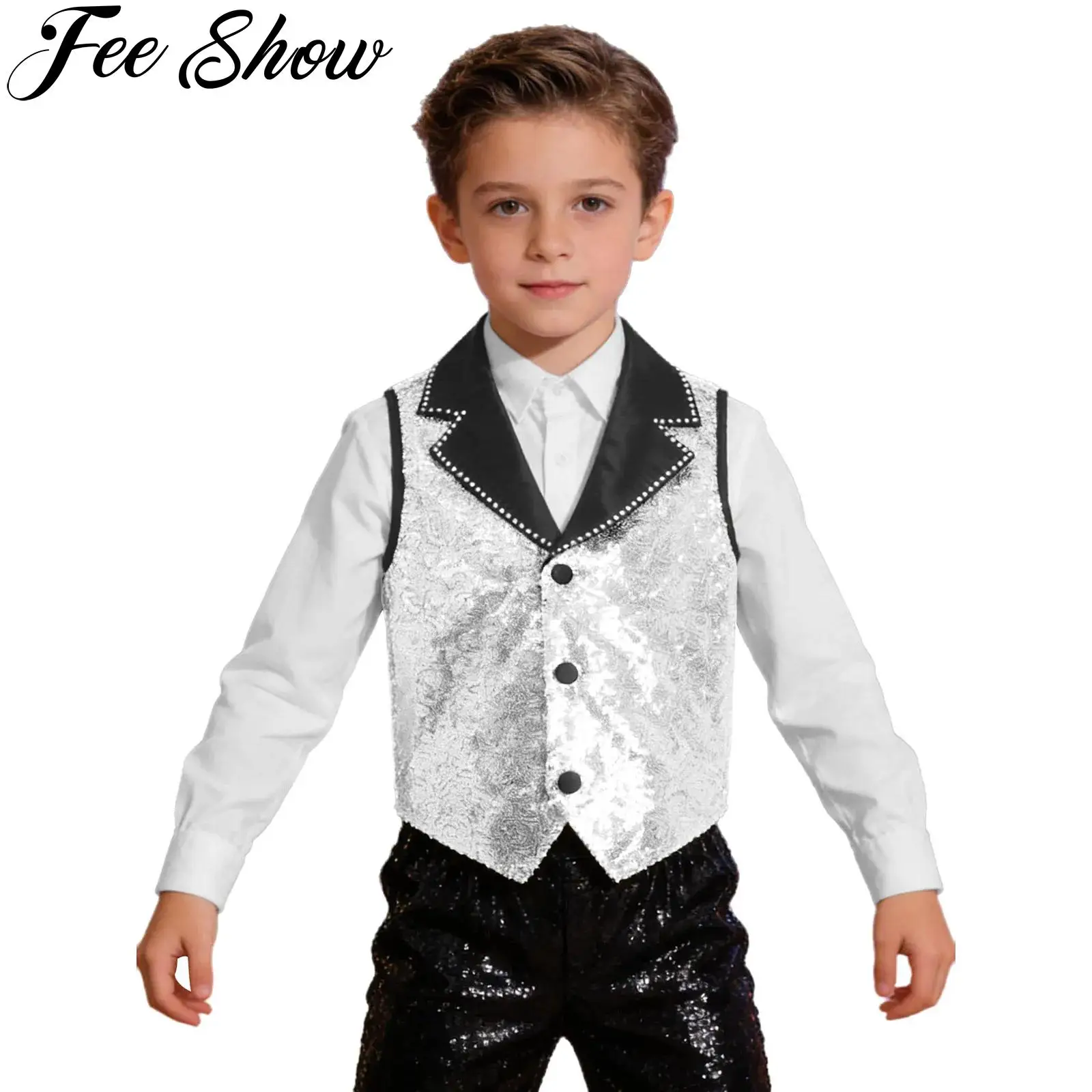 키즈 남아 여아 반짝이 스팽글 조끼 디스코 파티 재즈 힙합 댄스 의상 라펠 칼라 민소매 합창단 조끼 무대 의상