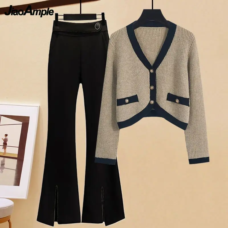 Women's Spring Autumn New Vintage Knitted Sweater Cardigan+Micro Flare Pants Two Piece Suit Korean Elegant Chic Matching Set