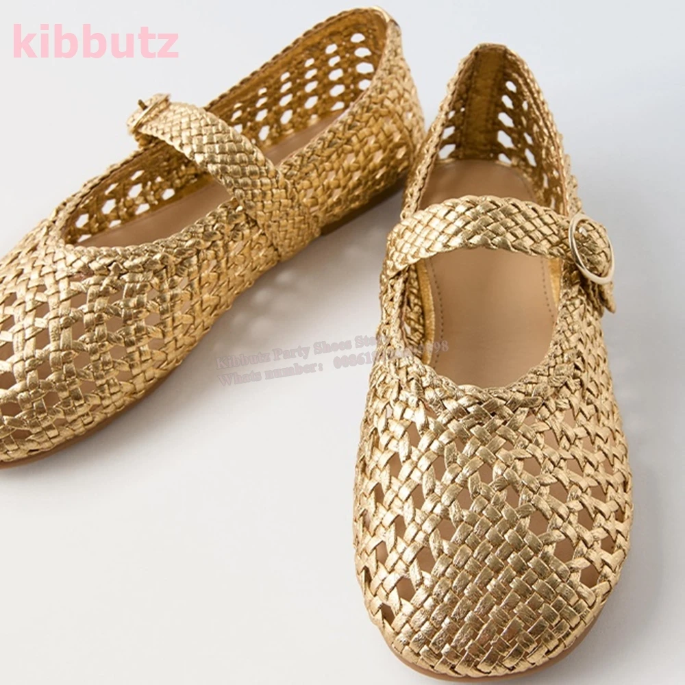 Espadrilles Flat With Ballet Pumps Round Toe Belt Buckle Hollow Solid Color Patent Leather Fashion Novelty Women Shoes Newest