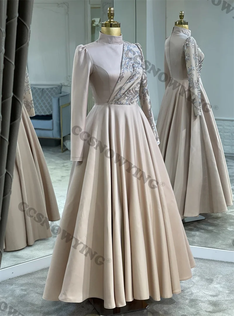 

Appliques Satin Muslim Evening Dresses Long Sleeve High Neck Hijab Islamic Formal Party Gown Women Arabic Dubai Robe De Soiree