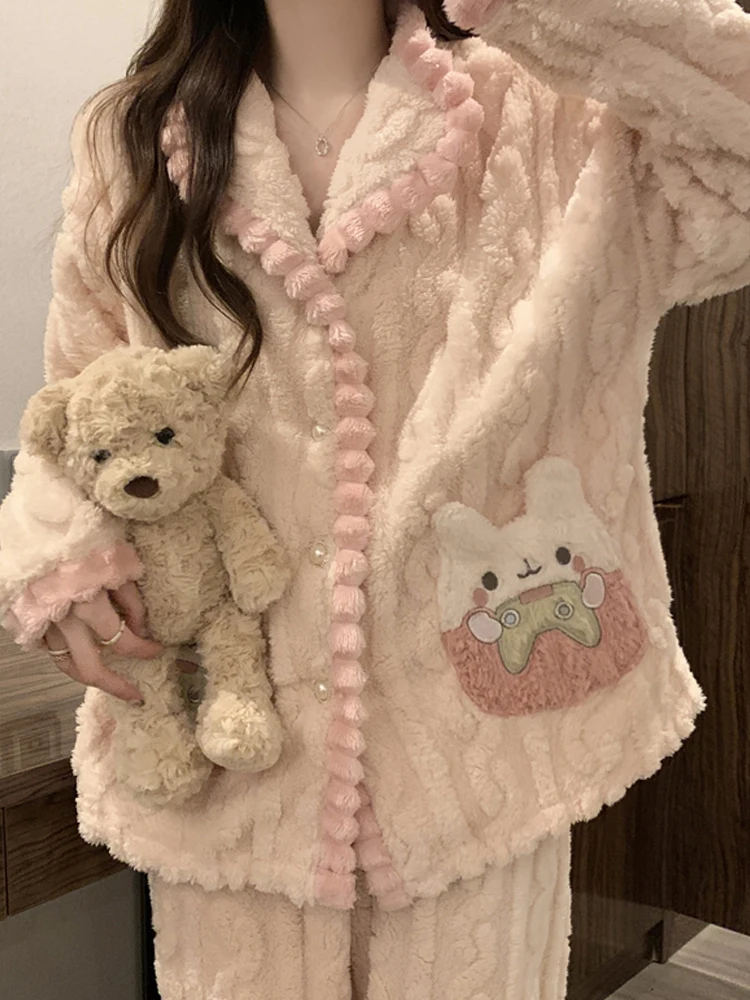 

Winter Sleepwear Women Coral Fleece Pajama Sets Full Sleeve Vintage Suit 2 Piece Rabbit Thickening Night Wears Home Clothes
