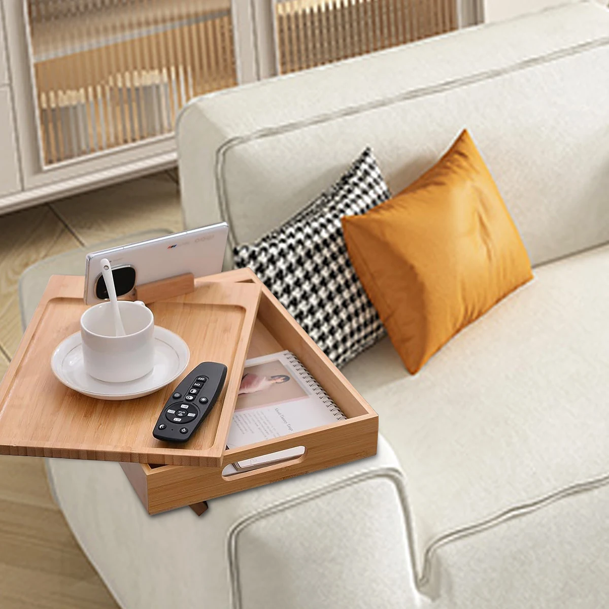 Bamboo Couch Tray, Multi-Function Folding Sofa Armrest Tray With