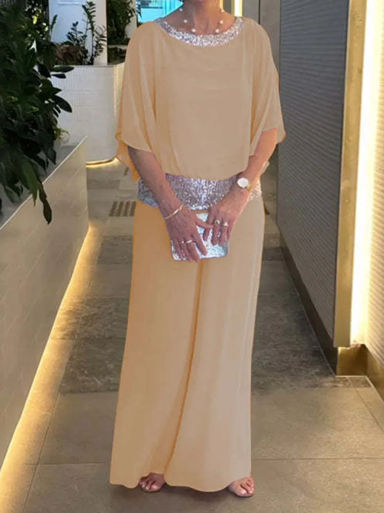 Pink Sequined Loose Blouse and Wide Leg Trousers Set for Women